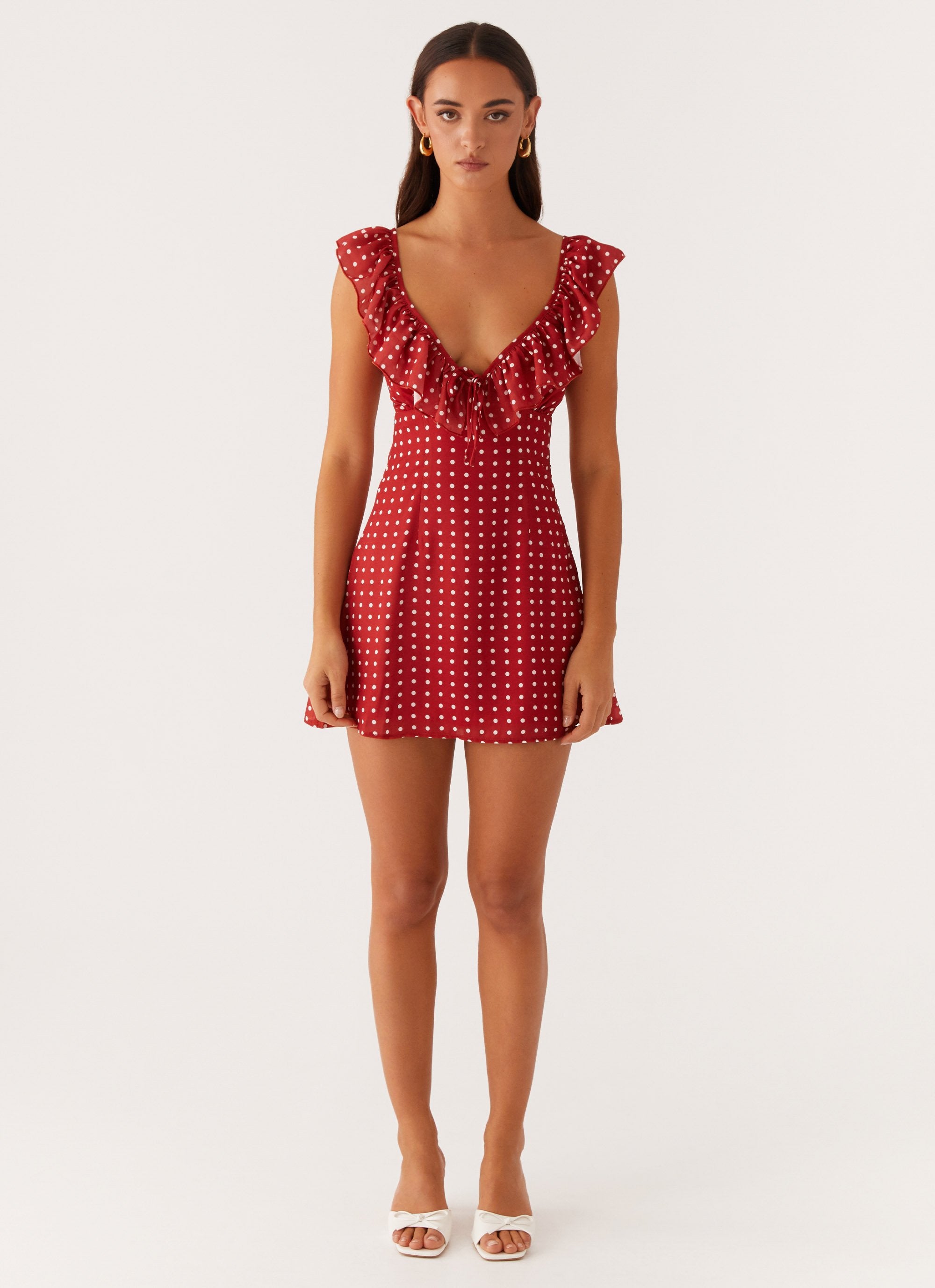 Adrina Ruffle Mini Dress - Red Polka Dot Peppermayo Canada Adrina Ruffle Mini Dress - Red Polka Dot Peppermayo Canada