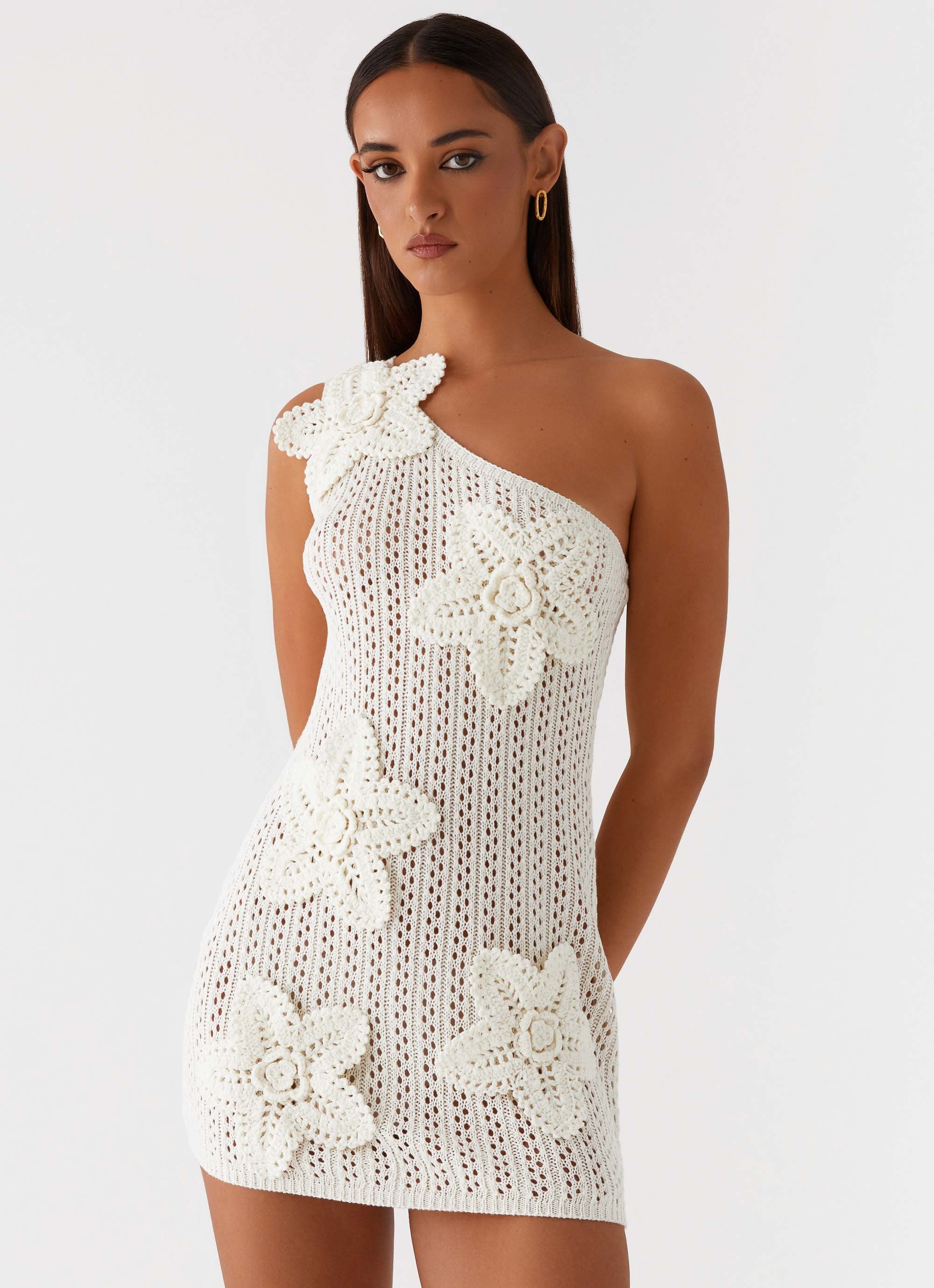 Afterglow One Shoulder Crochet Mini Dress Ivory