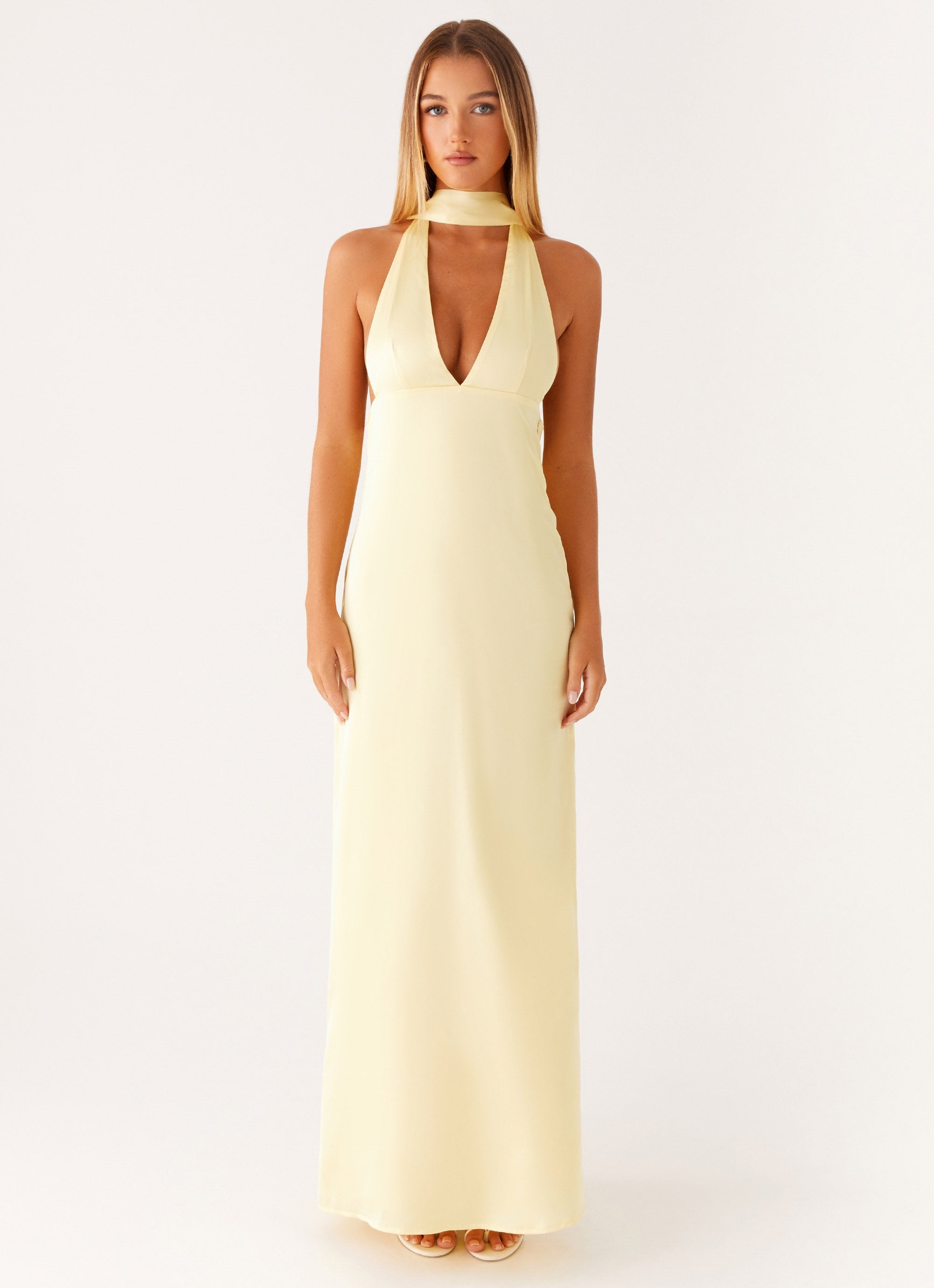 Alicia Satin Halter Maxi Dress Yellow