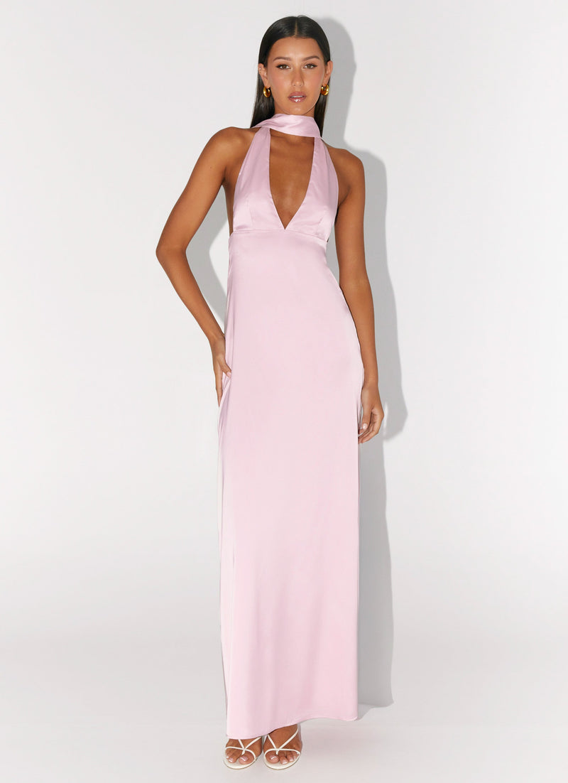 Alicia Satin Halter Maxi Dress - Baby Pink