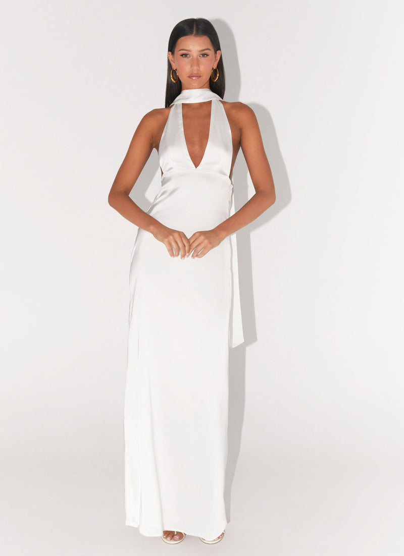 Alicia Satin Halter Maxi Dress - White