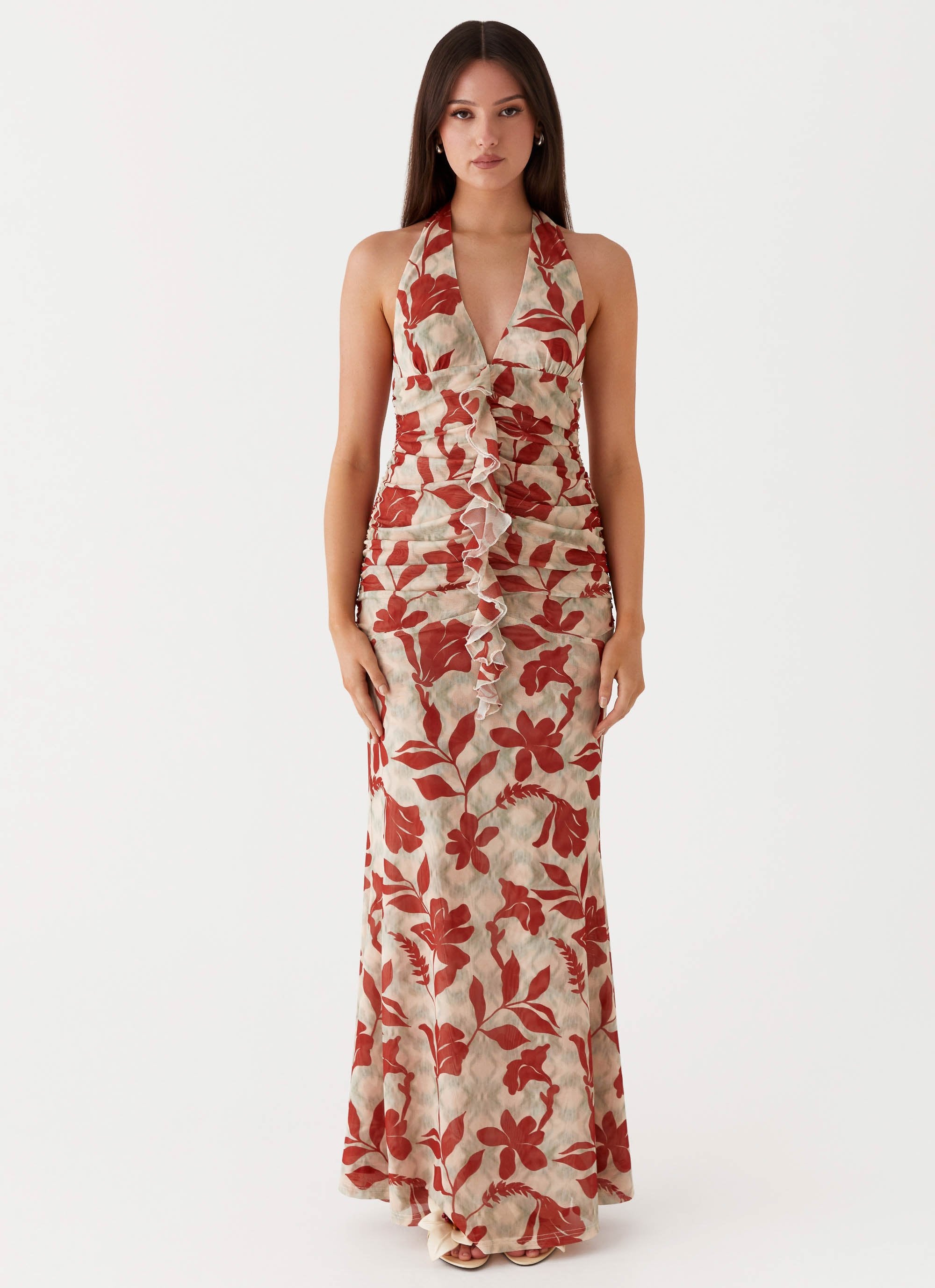 Ardenia Halter Maxi Dress Red Green Floral