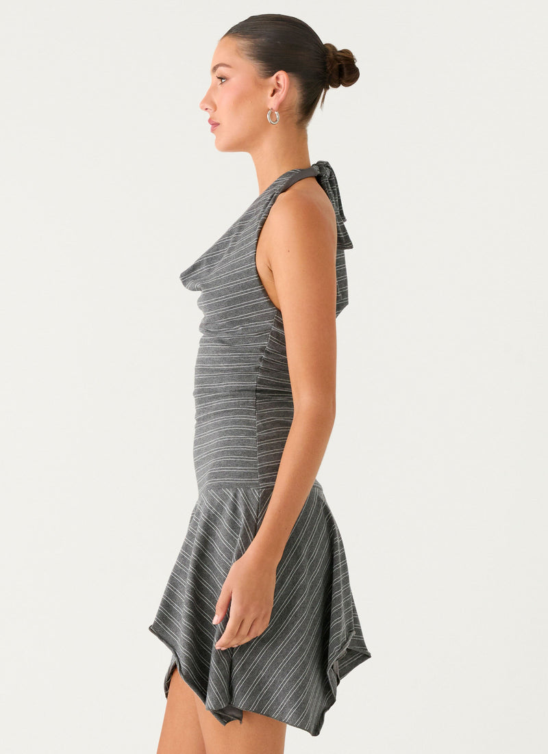 Bad Alive Halter Hanky Mini Dress - Grey Marle Stripe