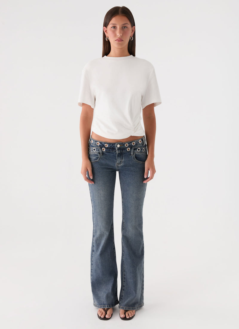 Carson Low Rise Eyelet Jeans - Blue Wash