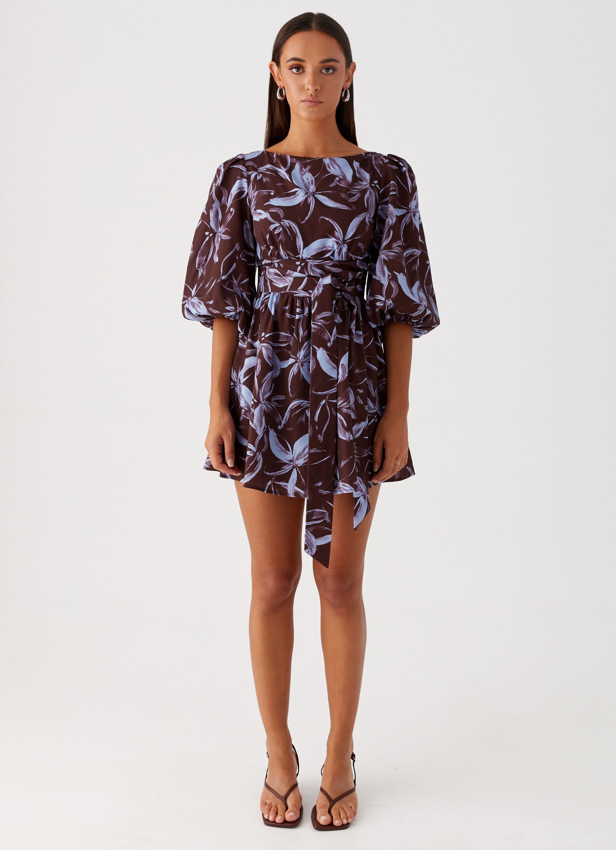 Purple floral print dress shop