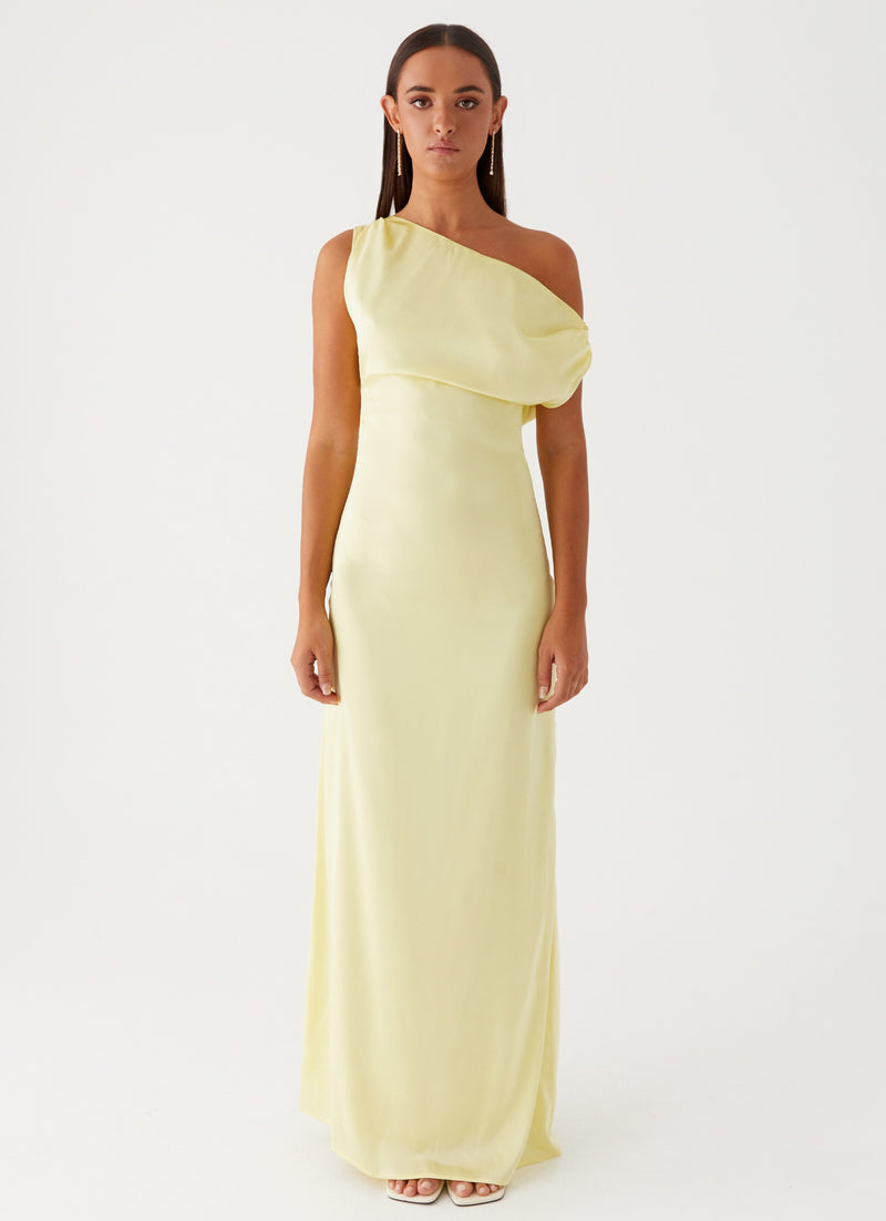 Womens Heart Of Glass Satin Maxi Dress in the colour Yellow in front of a light grey background