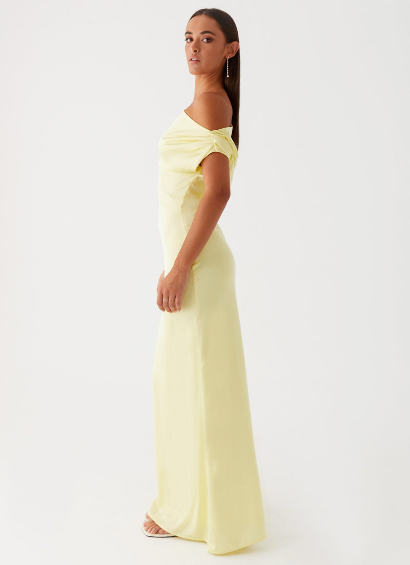 Womens Heart Of Glass Satin Maxi Dress in the colour Yellow in front of a light grey background