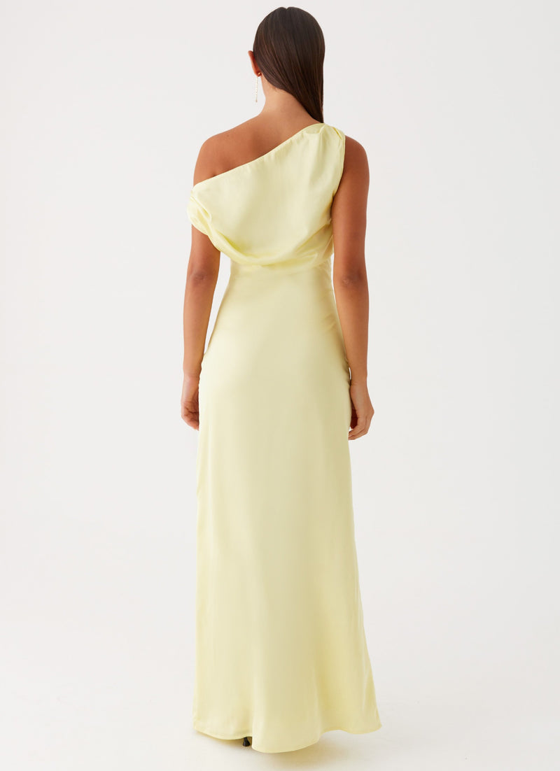 Womens Heart Of Glass Satin Maxi Dress in the colour Yellow in front of a light grey background