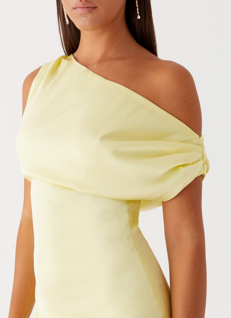 Womens Heart Of Glass Satin Maxi Dress in the colour Yellow in front of a light grey background