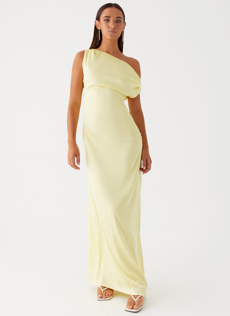 Womens Heart Of Glass Satin Maxi Dress in the colour Yellow in front of a light grey background