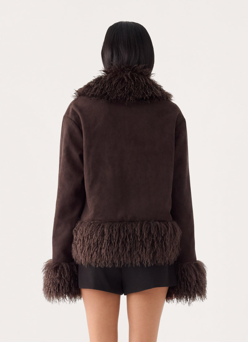 Kamsy Faux Fur Trim Coat - Chocolate