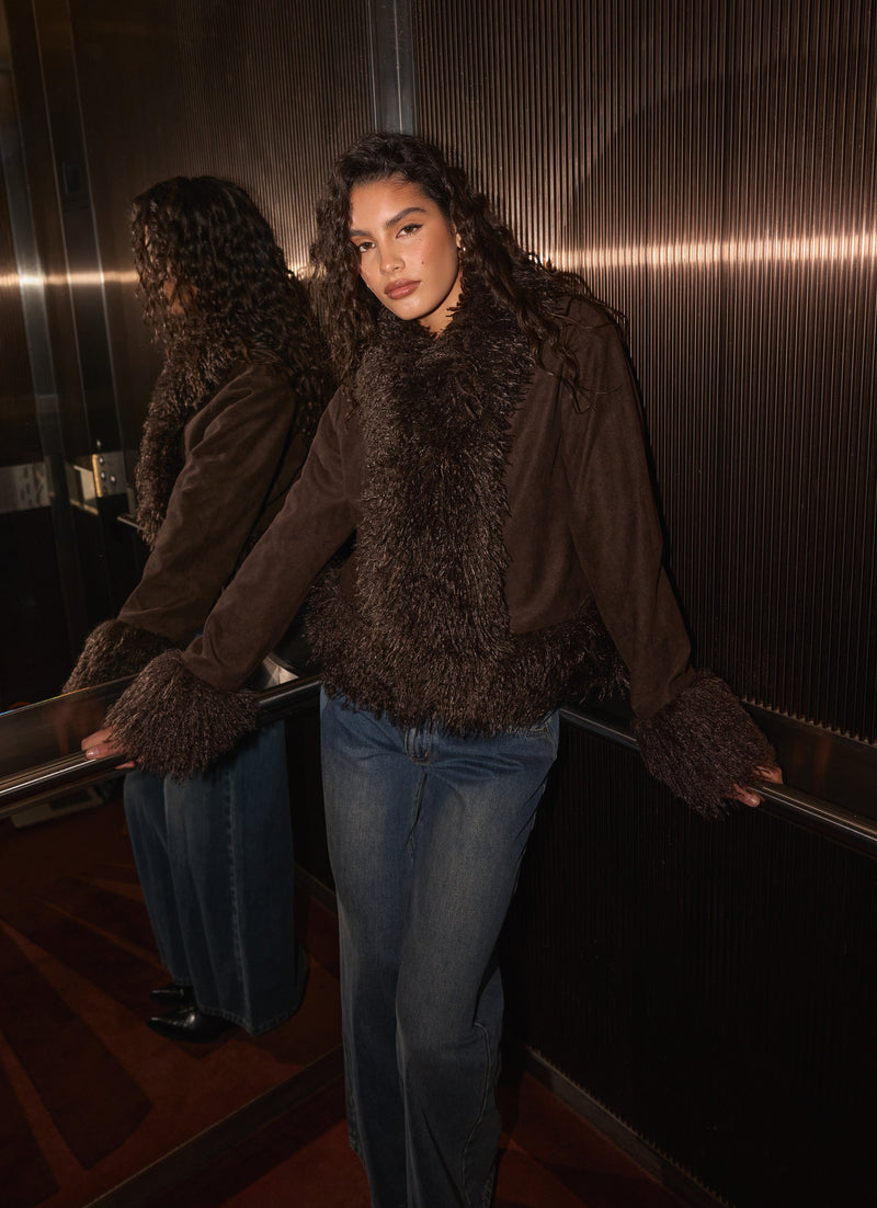 Kamsy Faux Fur Trim Coat - Chocolate