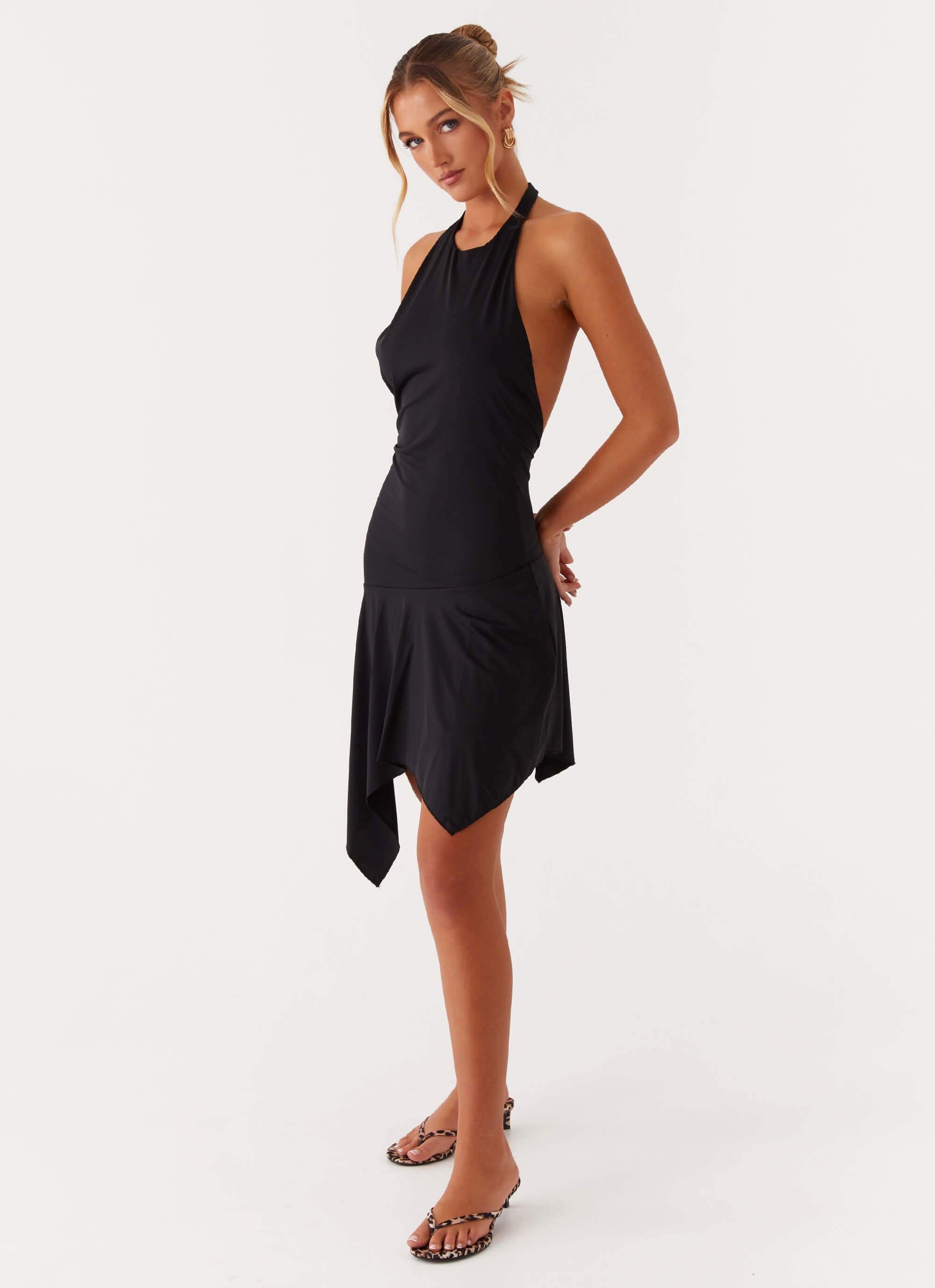 Lilyana Low Back Halter Midi Dress - Black Peppermayo Canada Lilyana Low Back Halter Midi Dress - Black Peppermayo Canada