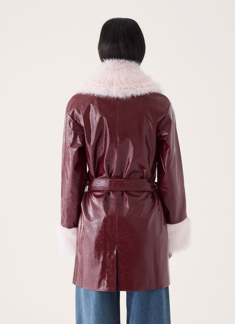 Love Child Faux Leather Wrap Coat - Burgundy