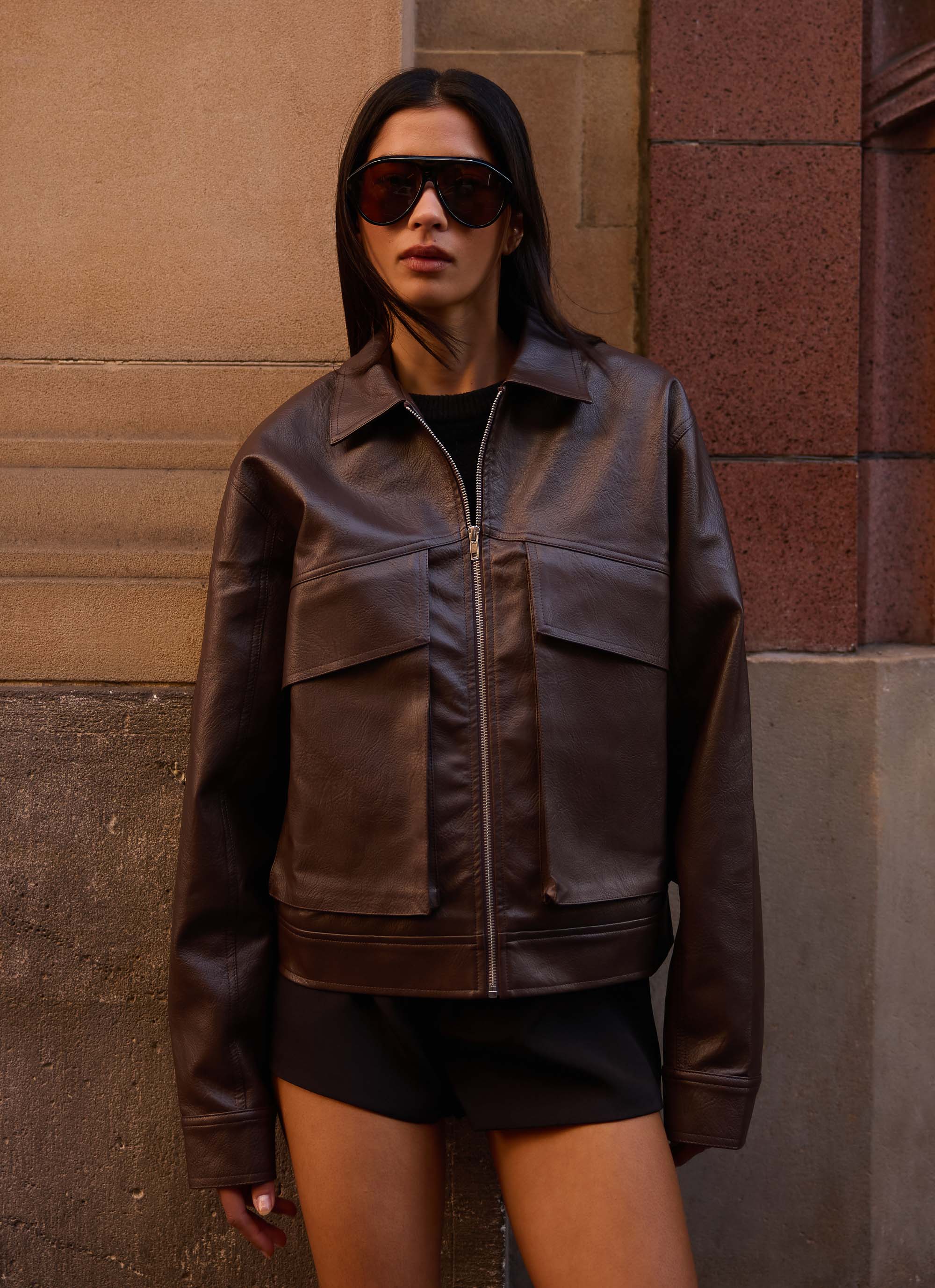 Lula Faux Leather Bomber Jacket - Chocolate – Peppermayo Canada
