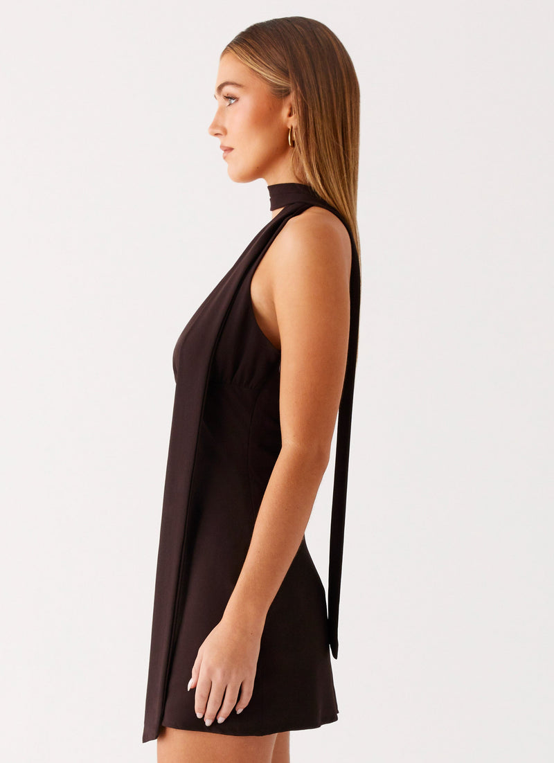 Melisande Scarf Neck Mini Dress - Cool Chocolate
