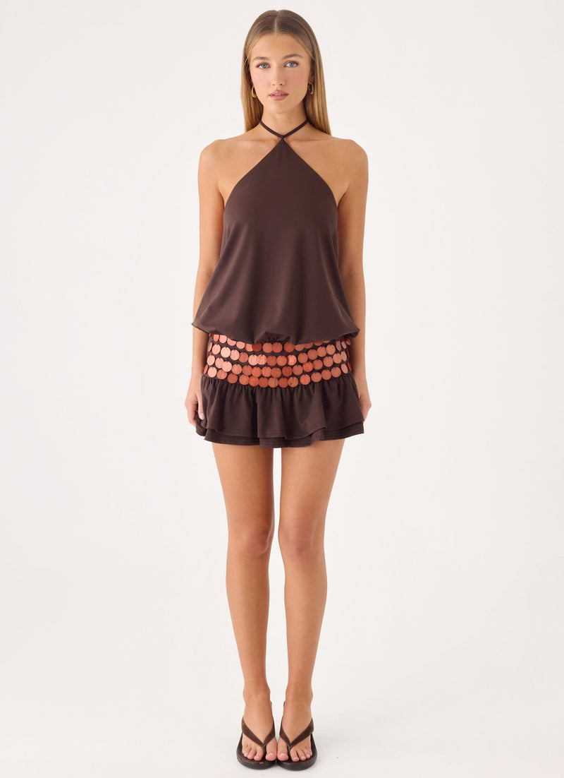 Melosa Beaded Halter Mini Dress - Chocolate
