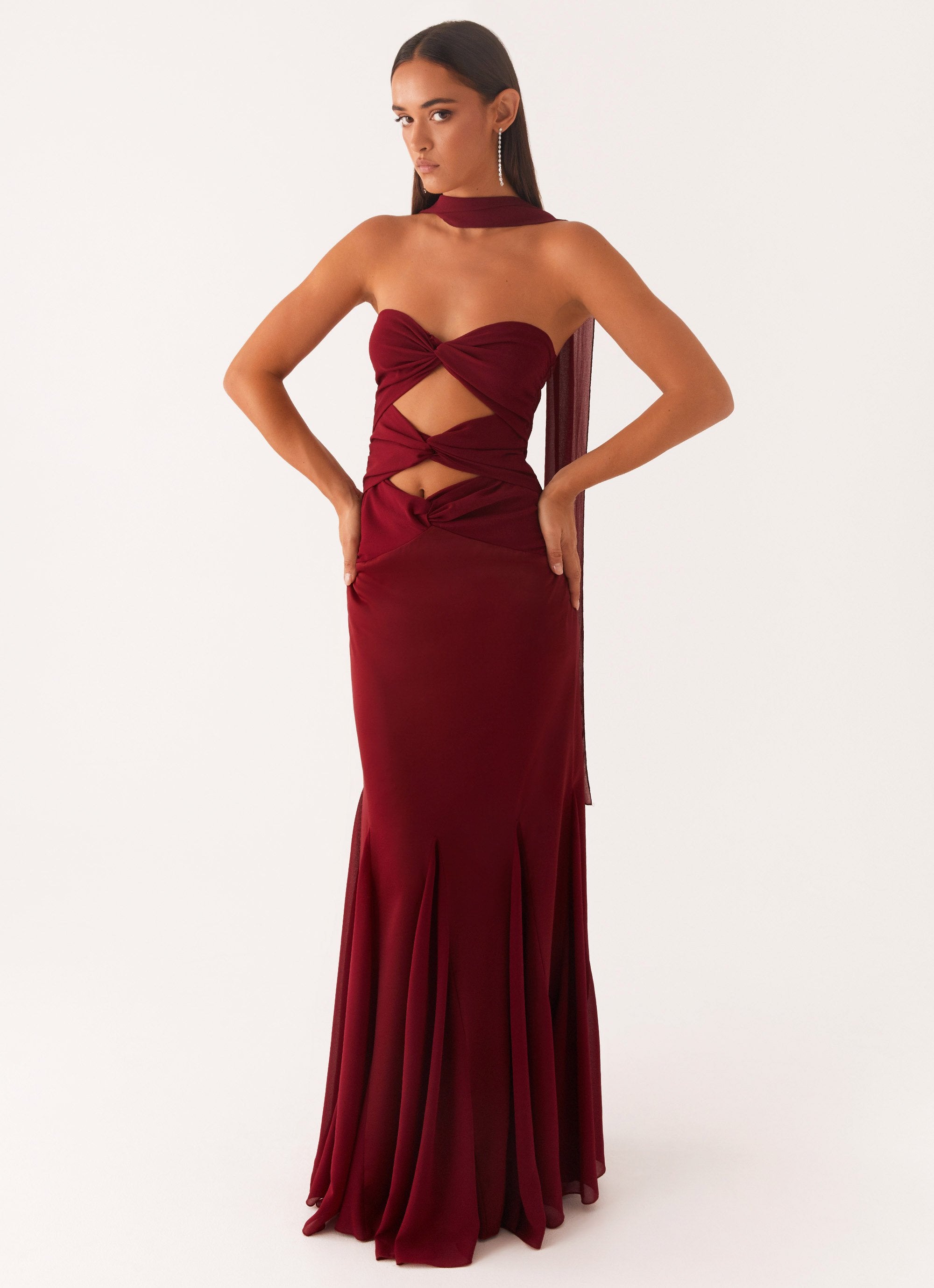 Melrose Satin Chiffon Maxi Dress Deep Red - Main Image
