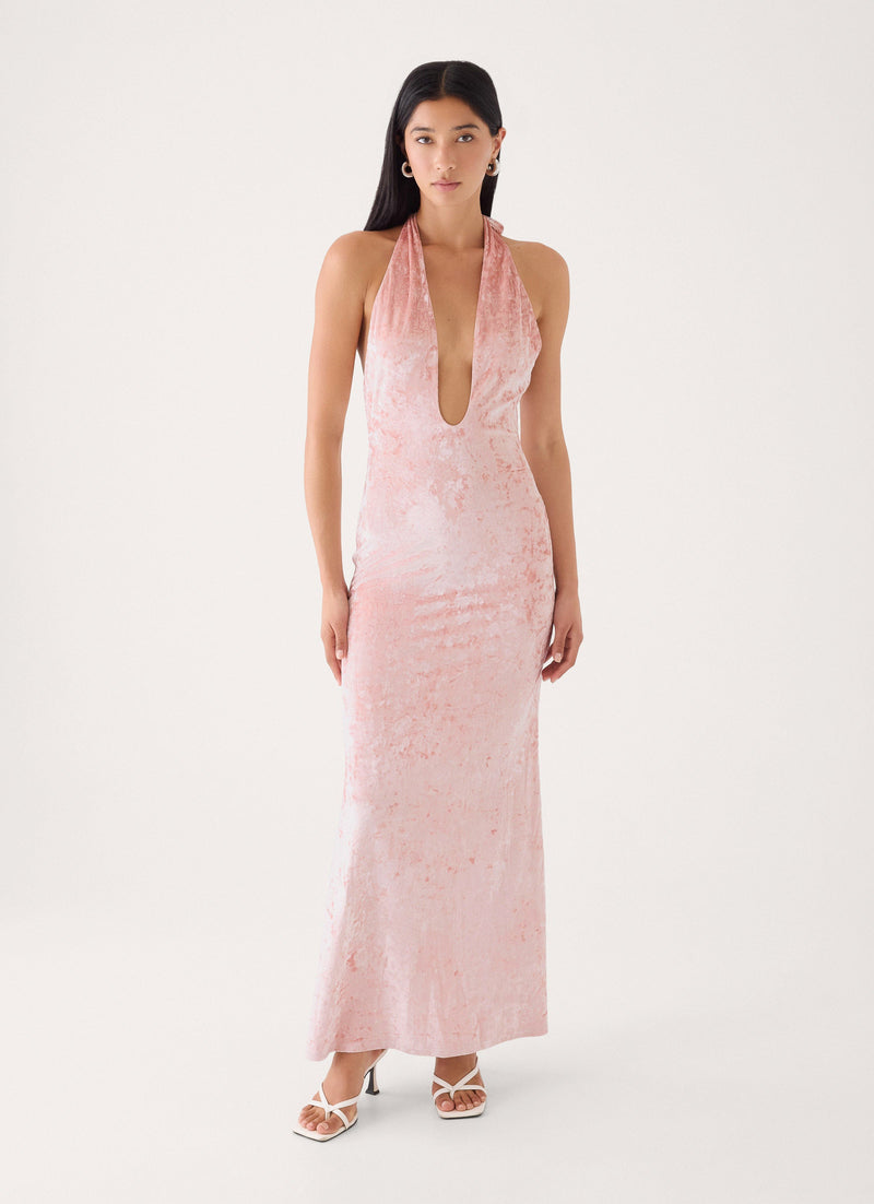 Memory Lane Crushed Velvet Halter Maxi Dress - Soft Pink