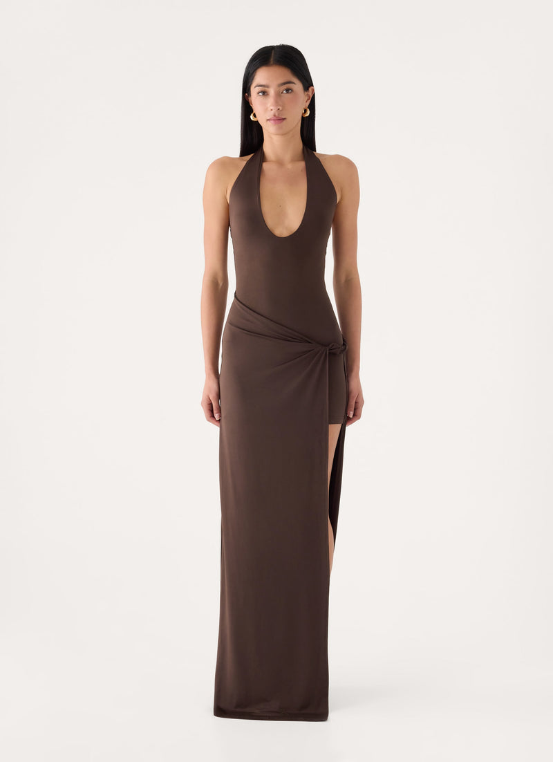 Mokono Halter Wrap Maxi Dress - Chocolate