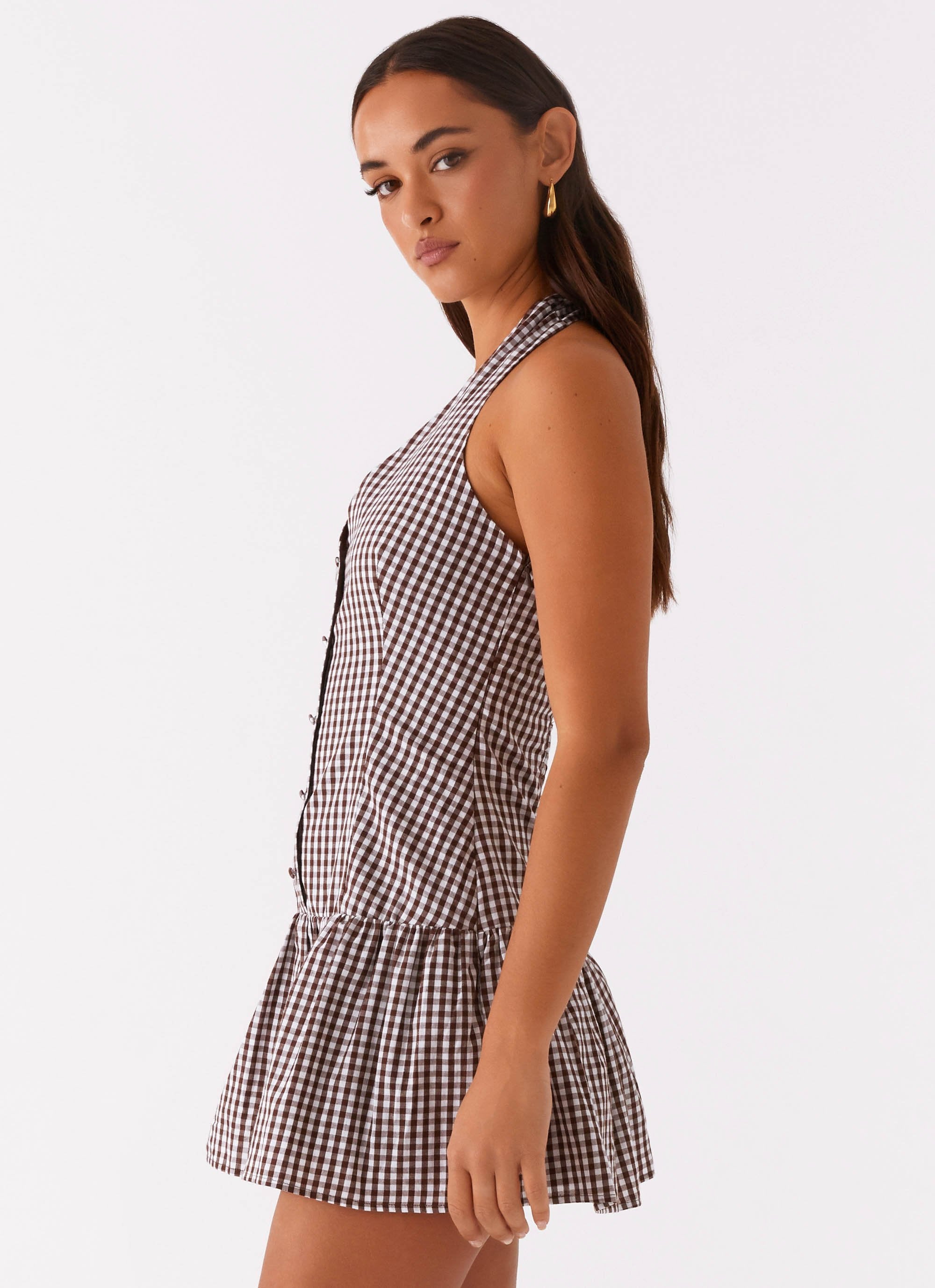 New Look Shirred Halter Mini Dress Chocolate Gingham