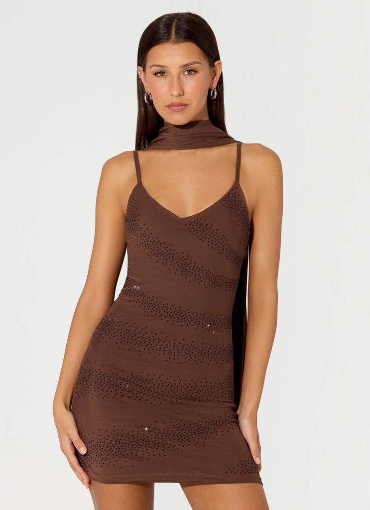 Paloma Days Beaded Scarf Mini Dress - Chocolate