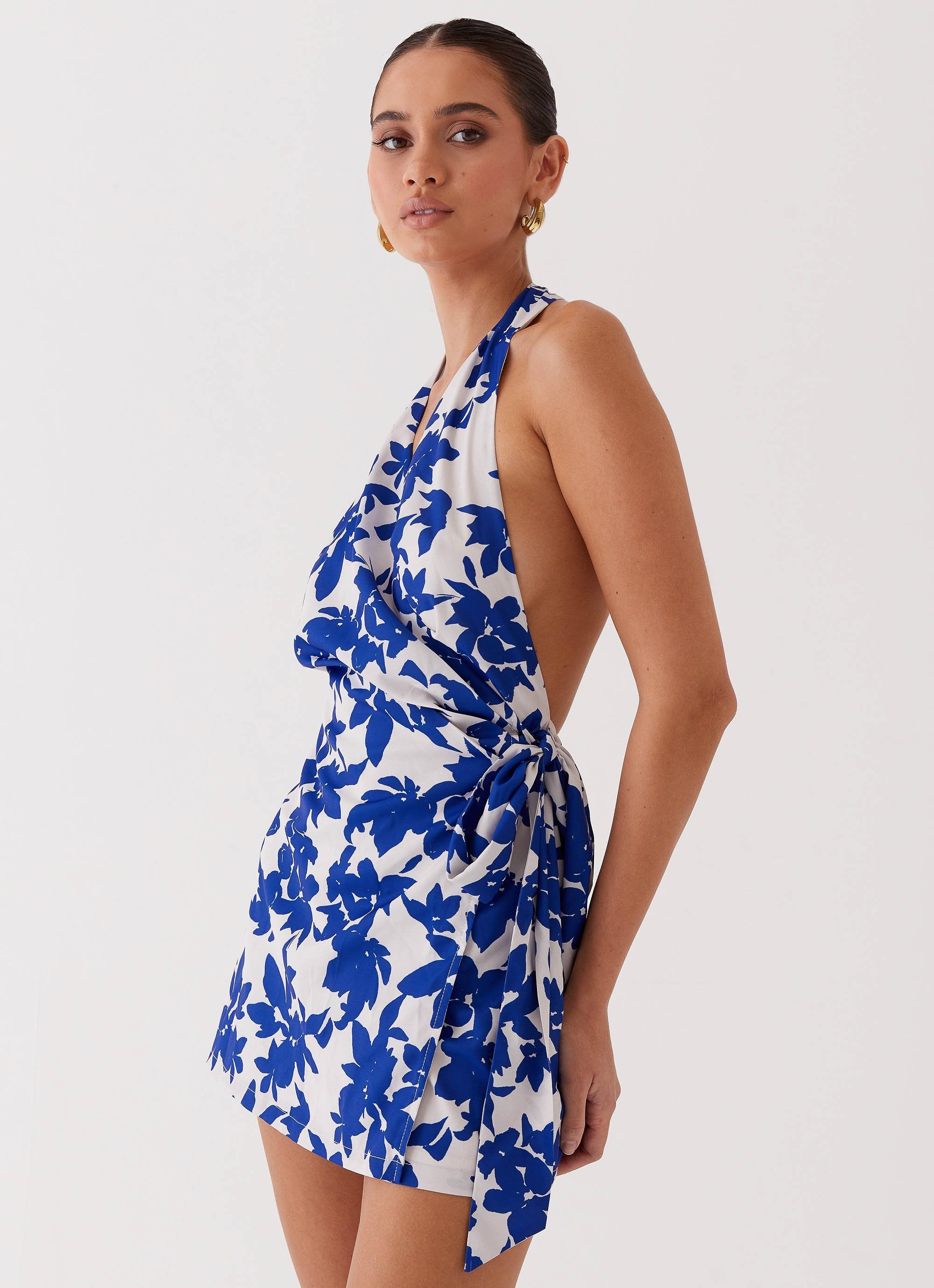 Blue wrap mini dress clearance