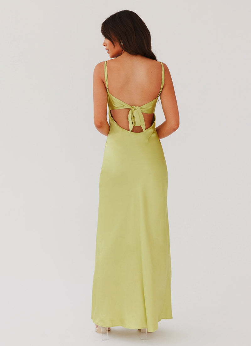 Womens Flora Satin Maxi Dress in the colour Green Expectations in front of a light grey background