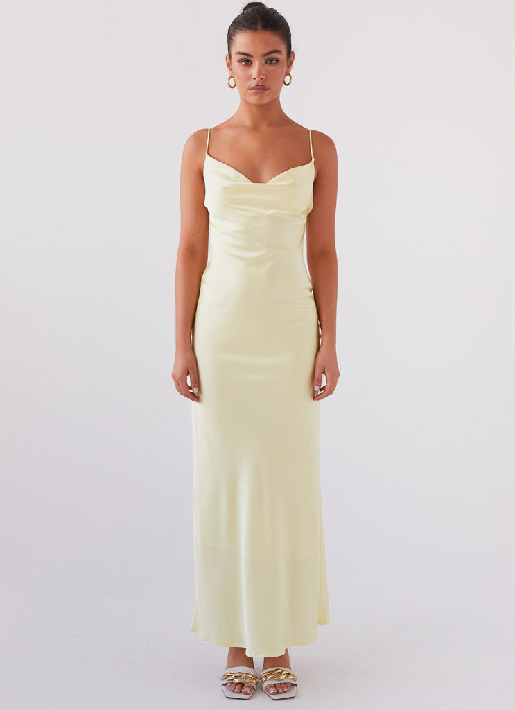 Womens Joanna Satin Maxi Dress in the colour Lemon in front of a light grey background