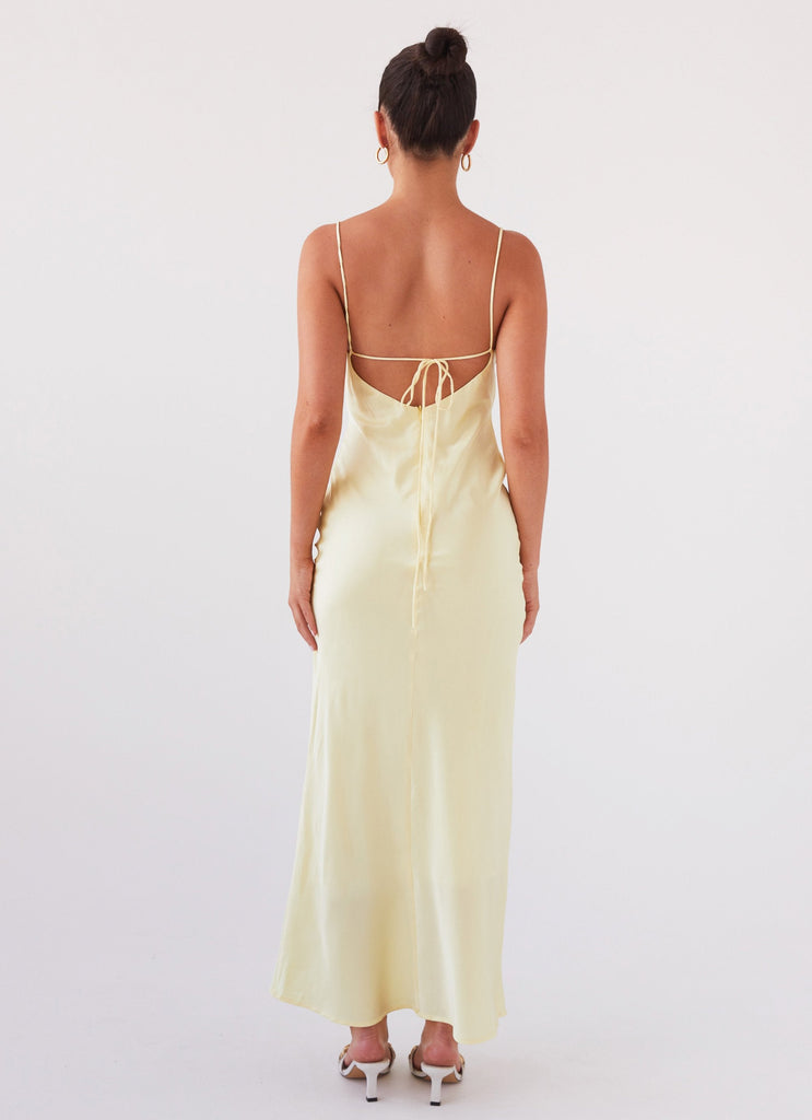 Womens Joanna Satin Maxi Dress in the colour Lemon in front of a light grey background
