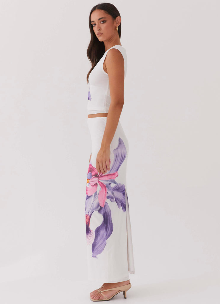 Womens Waiting For Dawn Mesh Maxi Skirt in the colour White in front of a light grey background