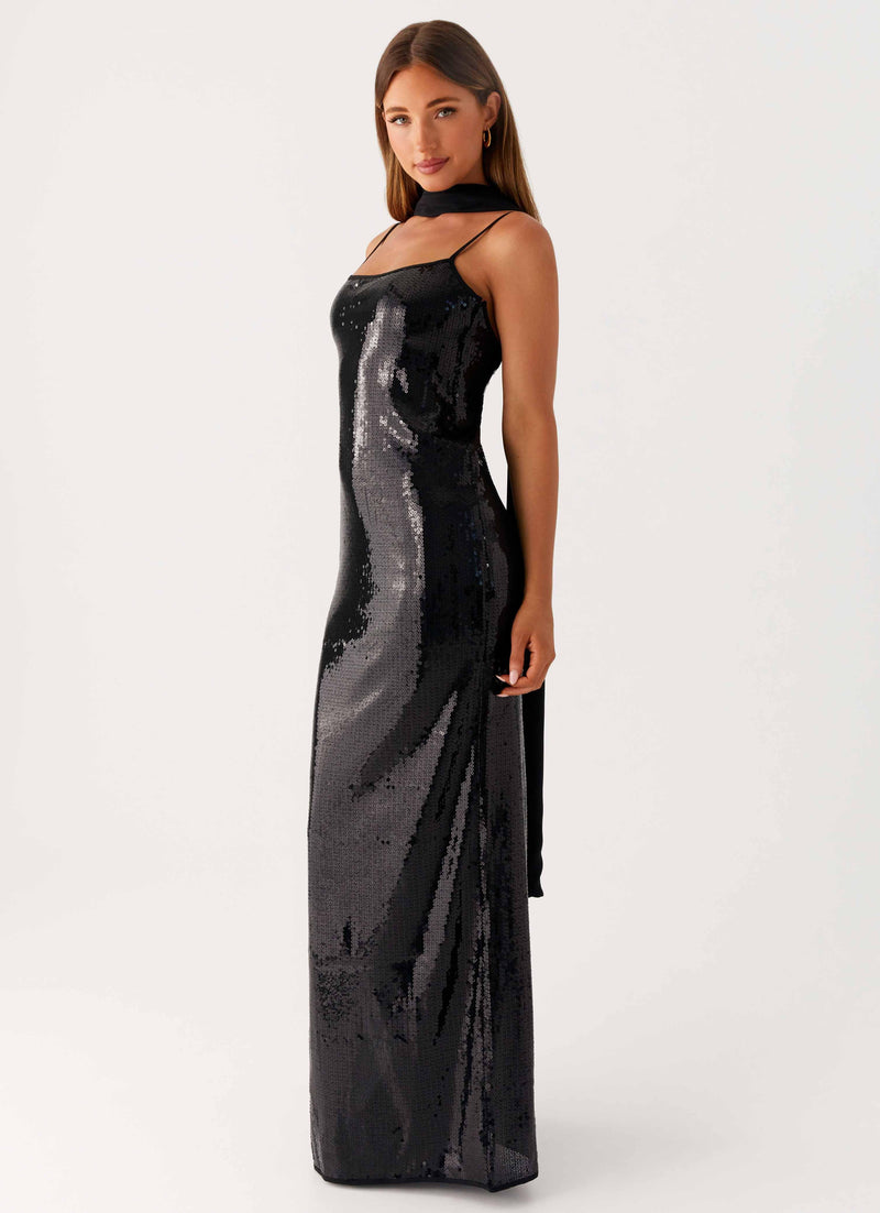 Scarf Neck Sequins Maxi Dress - Black