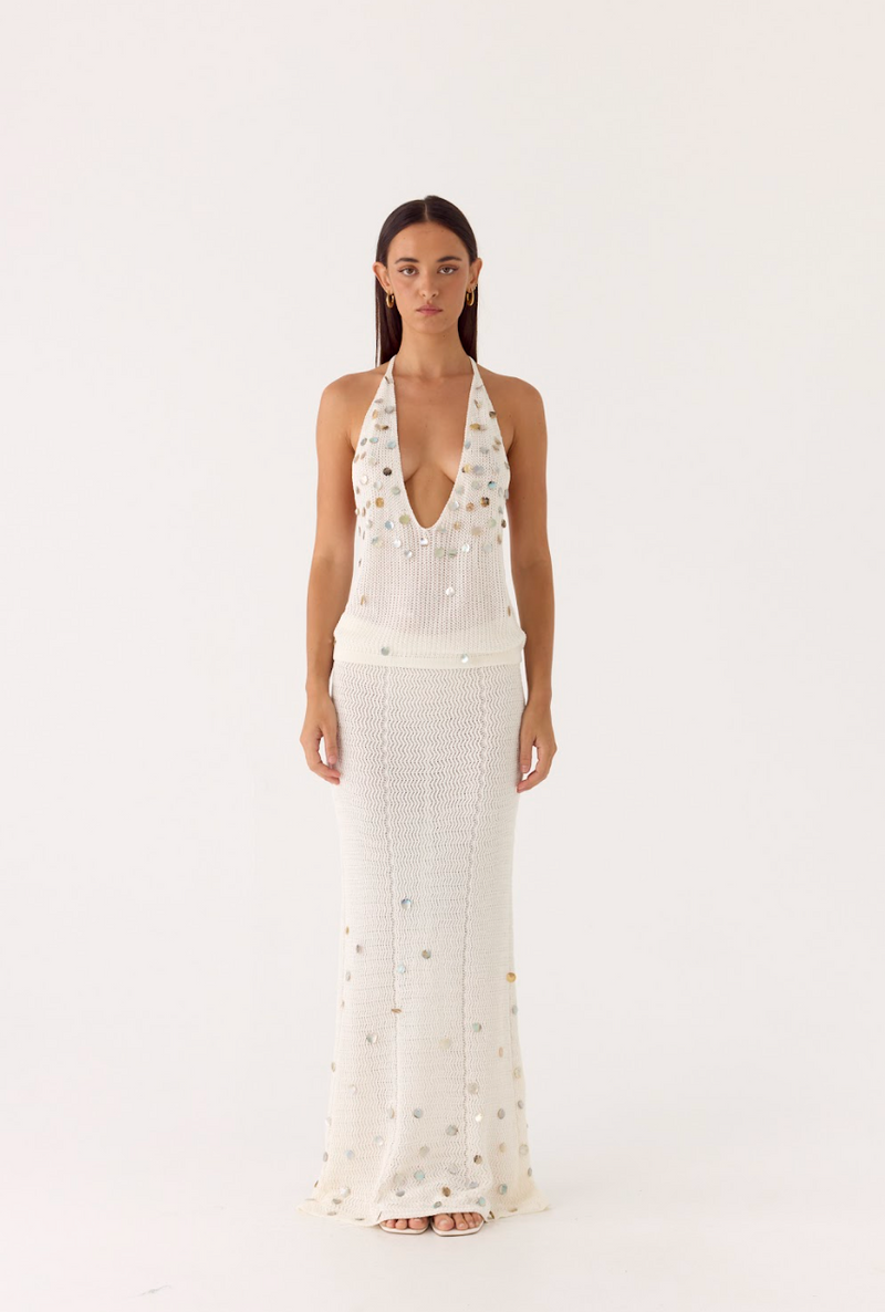 Adelaida Beaded Crochet Maxi Skirt - Ivory
