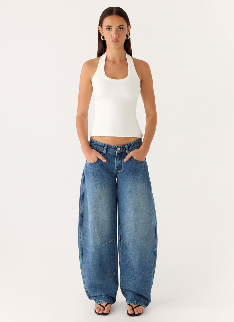 Stevie Low Rise Barrel Leg Denim Jeans - Mid Wash Blue