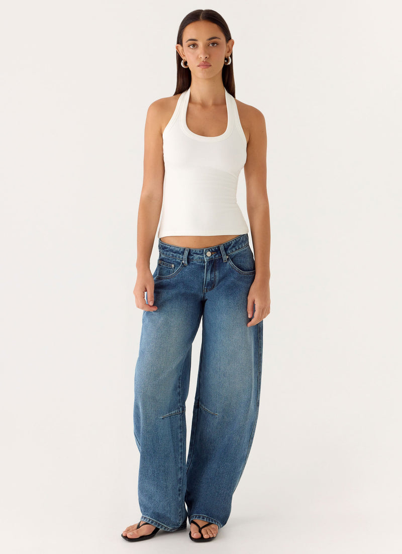 Stevie Low Rise Barrel Leg Denim Jeans - Mid Wash Blue