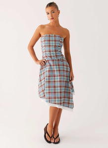 Tonie Strapless Midi Dress - Shoreline Check