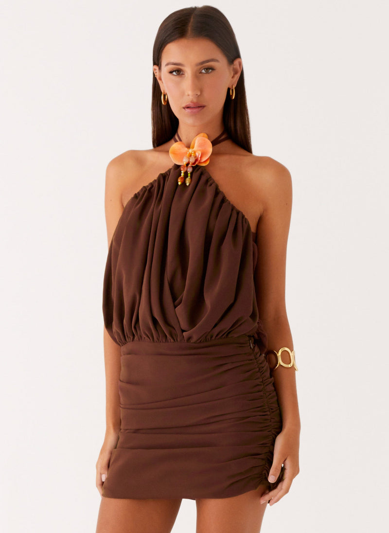 Vidia Flower Mini Dress - Chocolate