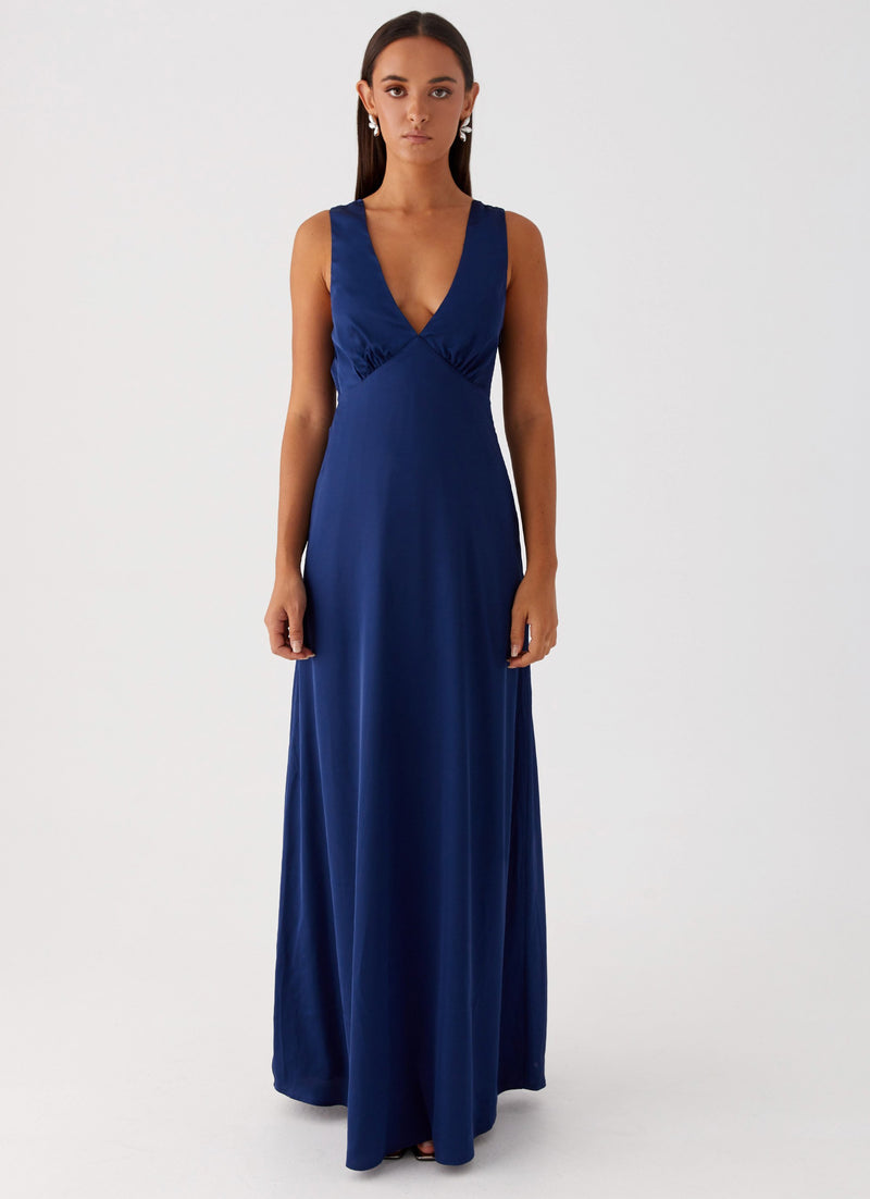 Womens Winnie Cowl Back Maxi Dress in the colour Navy in front of a light grey background