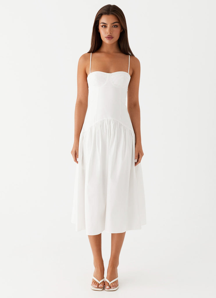 Womens Yvette Corset Midi Dress in the colour White in front of a light grey background