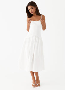 Womens Yvette Corset Midi Dress in the colour White in front of a light grey background