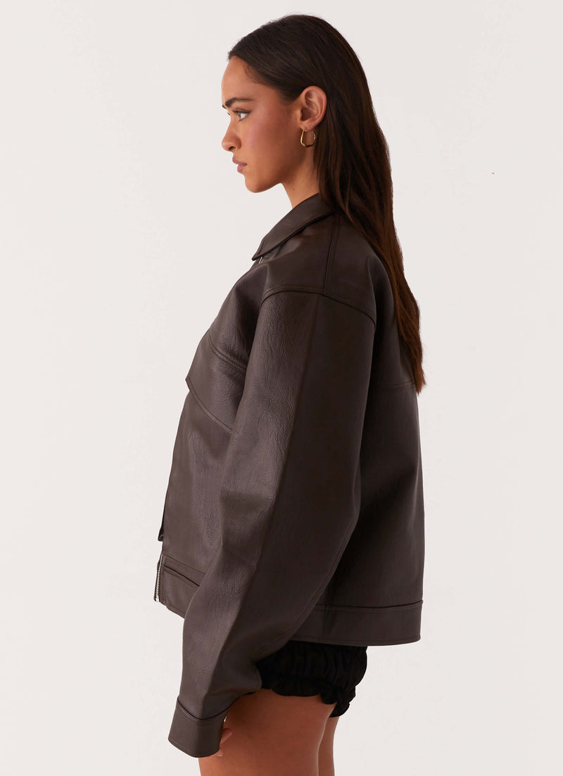 Lula Faux Leather Bomber Jacket Chocolate 2jpg