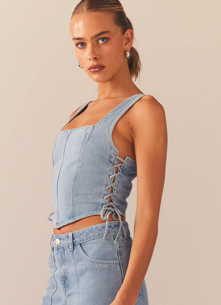 Giddy Up Denim Bustier Top - Subdued Blue - Peppermayo