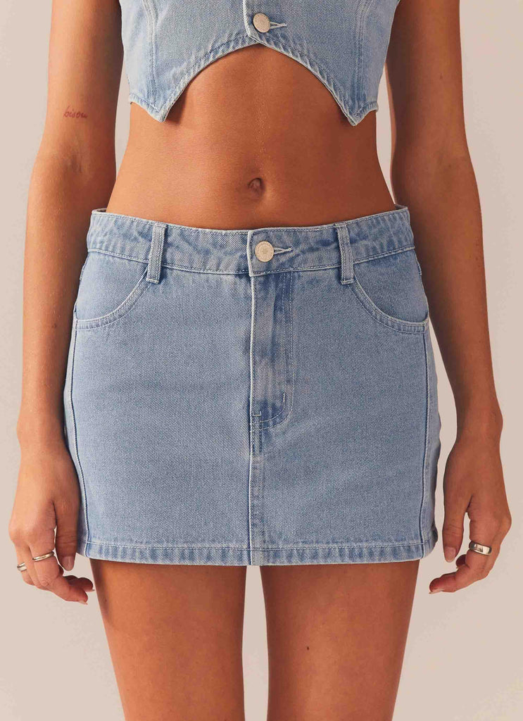 Giddy Up Denim Mini Skirt - Subdued Blue - Peppermayo