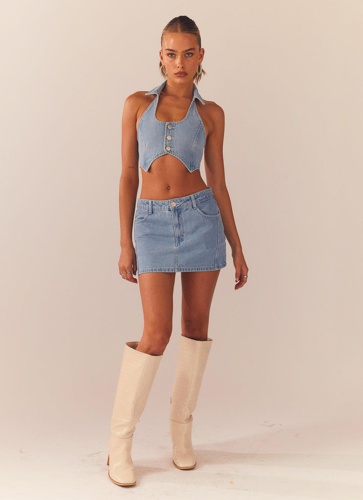 Giddy Up Denim Mini Skirt - Subdued Blue - Peppermayo