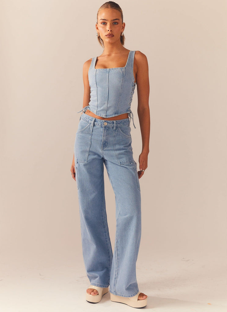 Backstage Pass Denim Lowrise Pants - Subdued Blue - Peppermayo