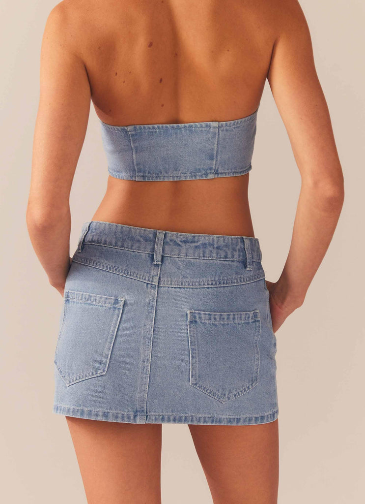 Giddy Up Denim Mini Skirt - Subdued Blue - Peppermayo