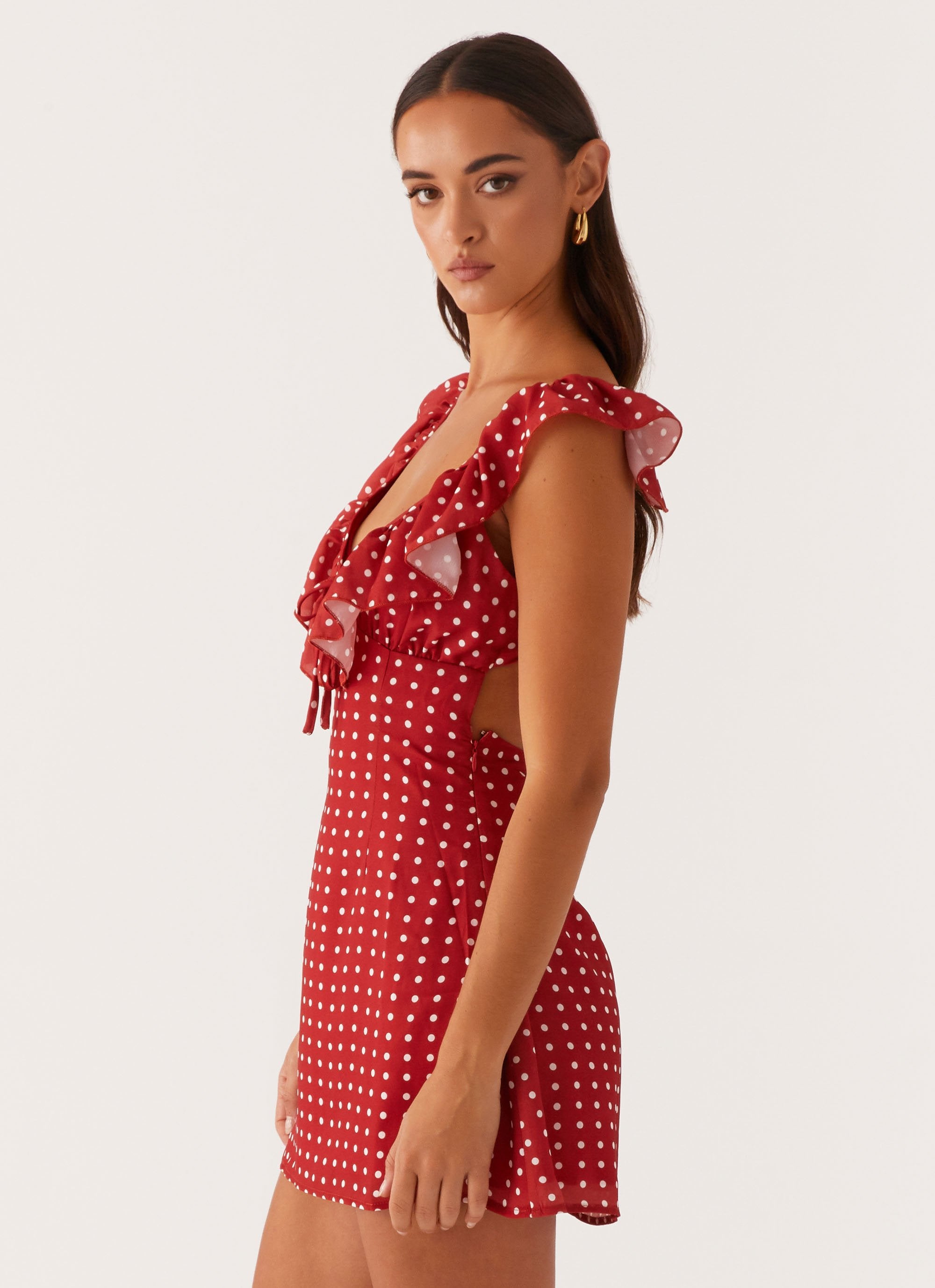 Adrina Ruffle Mini Dress - Red Polka Dot Peppermayo Canada Adrina Ruffle Mini Dress - Red Polka Dot Peppermayo Canada