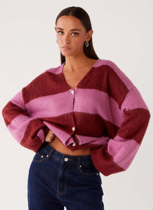 Womens Ainslee Oversized Knit Cardigan in the colour Red Pink Stripe in front of a light grey background