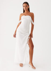 Womens Alaska Maxi Dress in the colour White in front of a light grey background