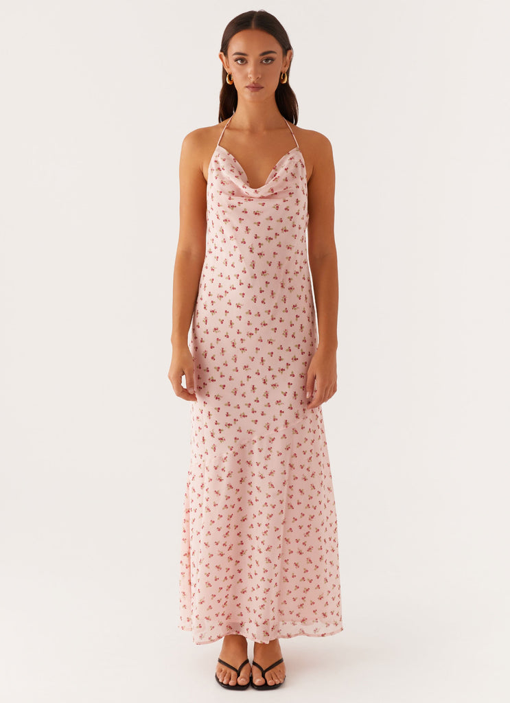 Alianna Cowl Neck Mesh Maxi Dress - Pink Flower